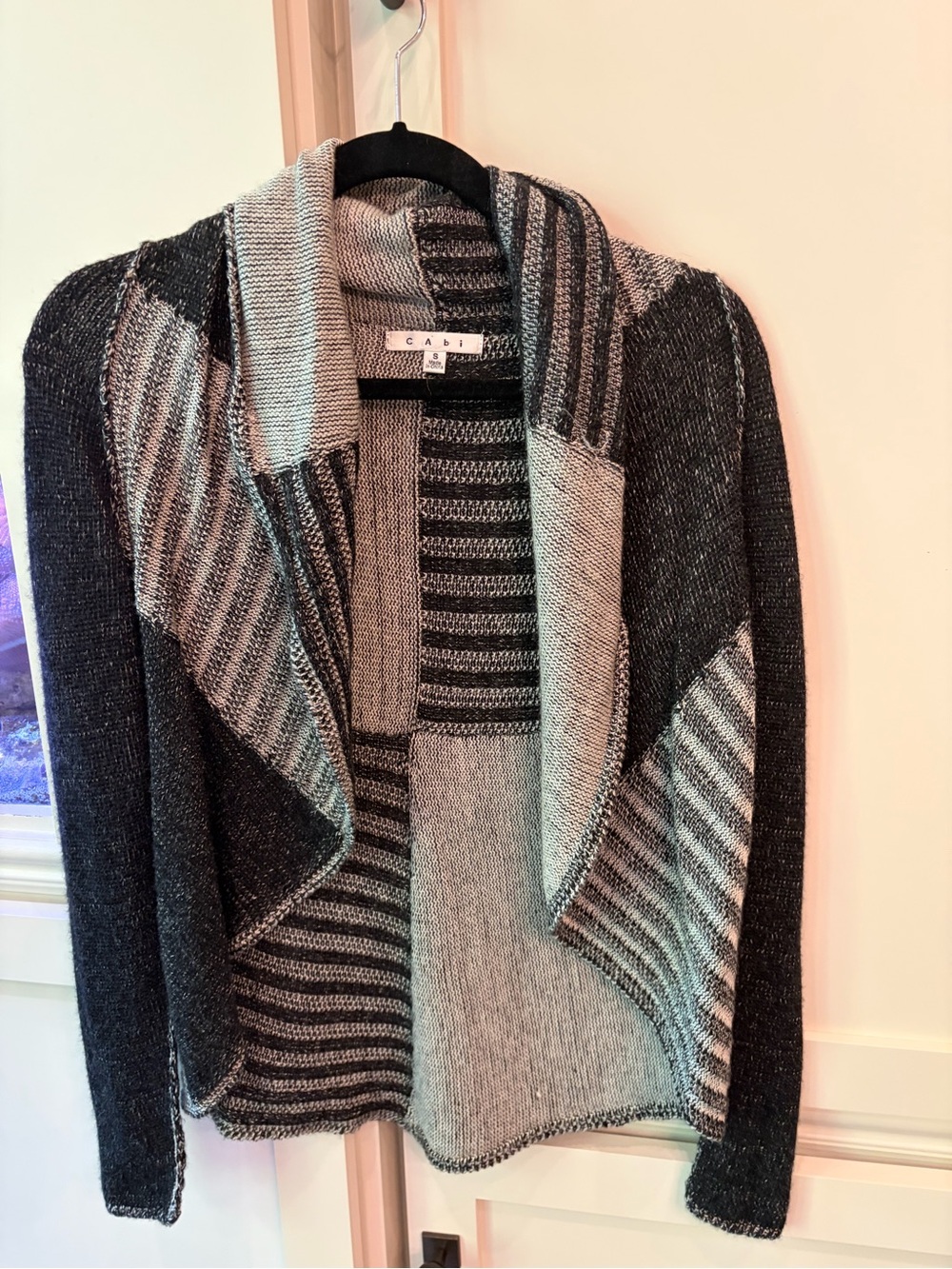 CAbi Two-Tone Black and Gray Draped Knit Cardigan #483